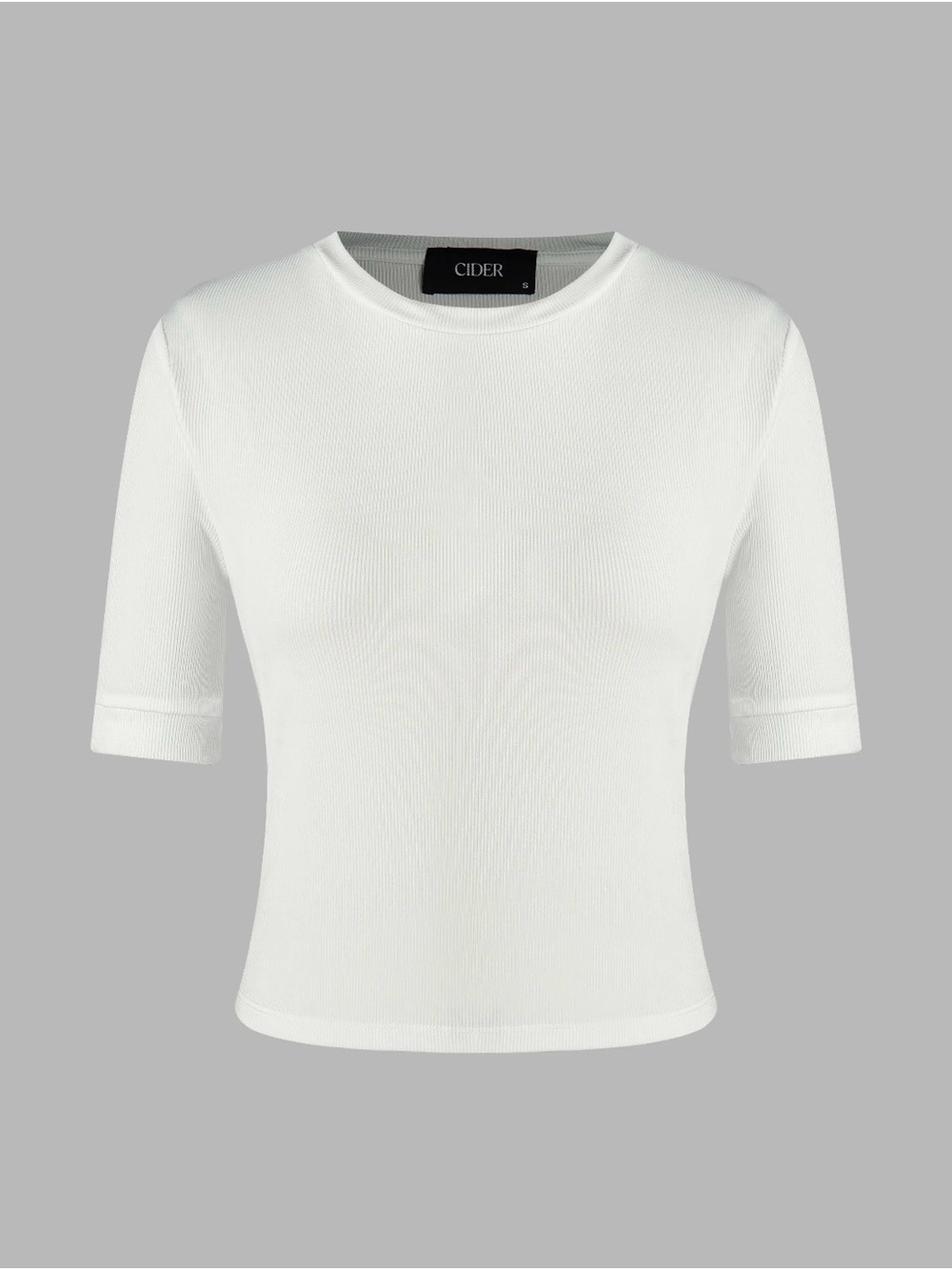 Cider White Ribbed Crewneck Elbow-Sleeve Top